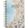 Coastal beach scene cover with people on the sand and in water; Gold coloured spiral binding; ‘NOTES’ printed in gold foil on cover; A5 format size; Paperback cover with a matte finish;
