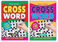 Brightly coloured book covers in red and pink; Hand holding a pen solving crossword; Text stating 'Above 140 puzzles'; A5 size paperback books; Crossword grid visible on covers;