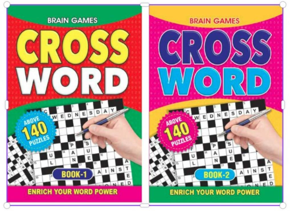 Brightly coloured book covers in red and pink; Hand holding a pen solving crossword; Text stating 'Above 140 puzzles'; A5 size paperback books; Crossword grid visible on covers;