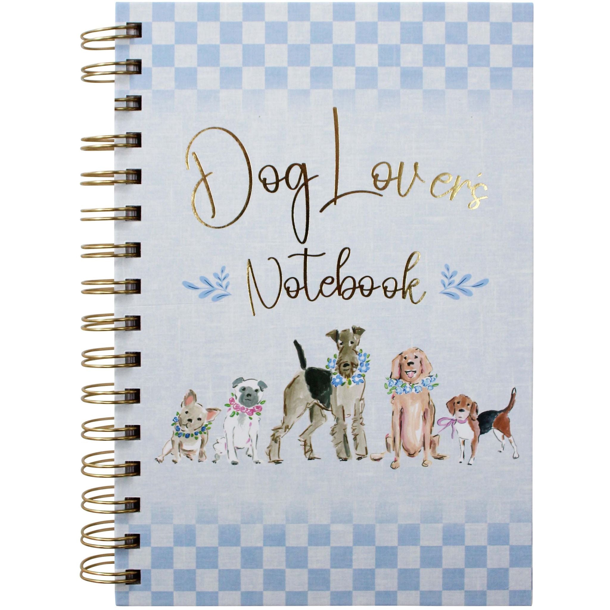 blue and white checkered cover; gold spiral binding; illustrations of six dogs on front; thick sturdy cover; lined notebook pages;