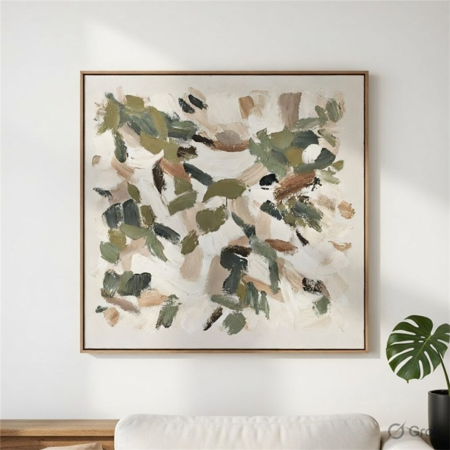 Square painting approximately 82.5x82.5cm; Wooden frame with slim profile; Abstract oil painting with muted earth tones; Textured brush strokes visible; Light neutral background with green, beige, and brown shades;
