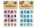 Two colour variations: red/purple and blue/turquoise; Faceted shapes with glossy and glitter surfaces; Clear adhesive backing on each rhinestone; 16 pieces per pack shown on cardboard backing;