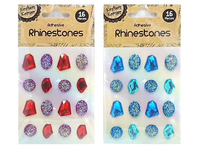Two colour variations: red/purple and blue/turquoise; Faceted shapes with glossy and glitter surfaces; Clear adhesive backing on each rhinestone; 16 pieces per pack shown on cardboard backing;