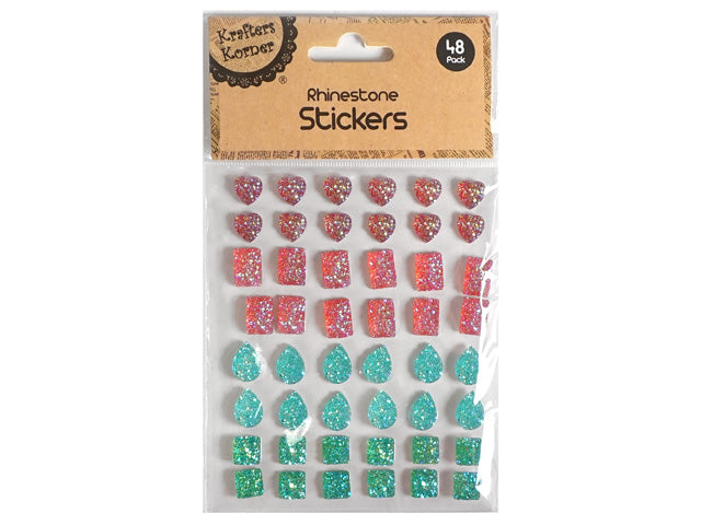 48 pack; multicoloured rhinestones; heart, square and teardrop shapes; adhesive backing visible on stickers; packaging with kraft paper header;