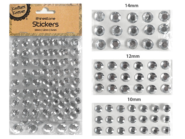 clear round rhinestones; three sizes: 10mm, 12mm, 14mm; self-adhesive backing; faceted surface; packaged on cardboard backing;