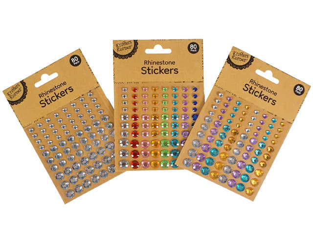 round adhesive gems; clear colour; rhinestone style; 80 pieces per pack; kraft paper backing packaging;