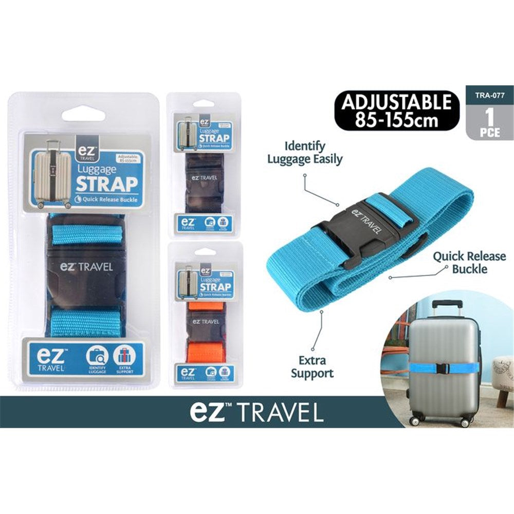 bright blue colour strap; black quick release buckle; woven nylon material; packaged in clear plastic; labelled 'ez TRAVEL';