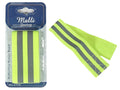 bright yellow colour; two grey reflective stripes; rectangular band shape; stitched edges; packaged on blue branded card;