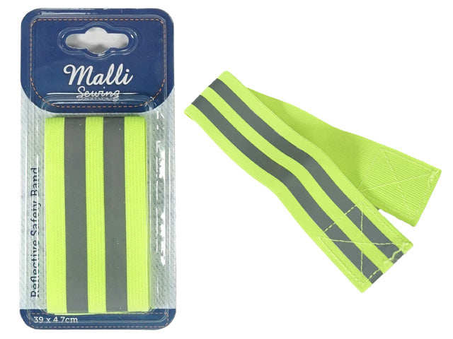 bright yellow colour; two grey reflective stripes; rectangular band shape; stitched edges; packaged on blue branded card;