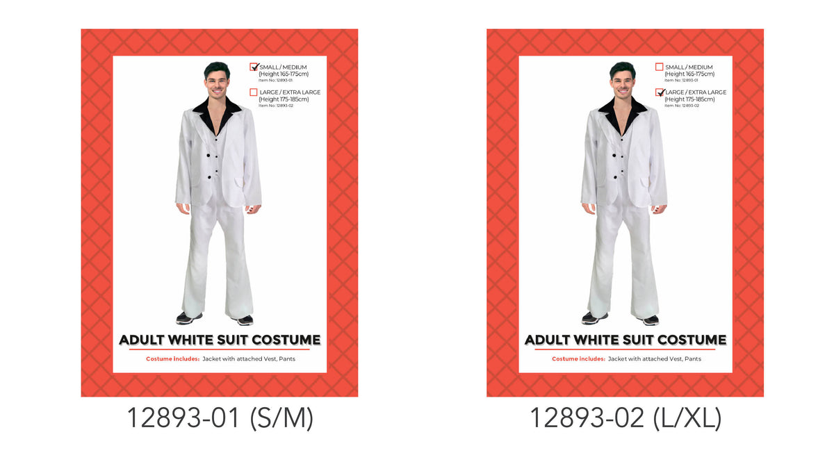 White jacket with contrasting black lapels; Matching white trousers with flared legs; Jacket has black buttons and front pockets; Packaging shows the costume includes a jacket with attached vest and pants;