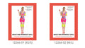 Bright multicolour patterned leotard; Hot pink shorts; Neon yellow arm bands and leg bands; Red packaging with a diamond pattern;