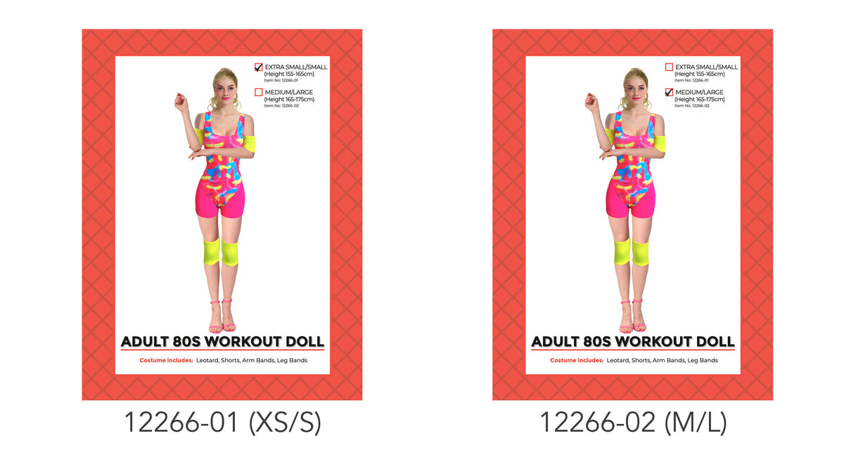 Bright multicolour patterned leotard; Hot pink shorts; Neon yellow arm bands and leg bands; Red packaging with a diamond pattern;