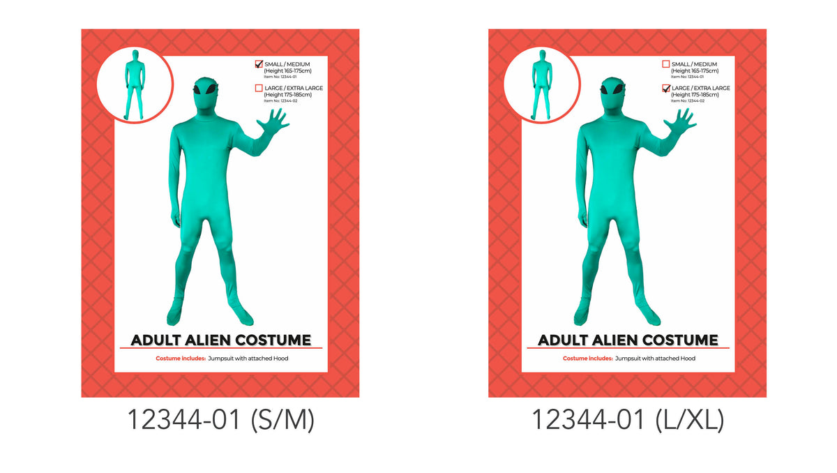 Teal full-body jumpsuit; Attached hood with dark eye details; Long sleeves and full-length legs; Red patterned packaging;
