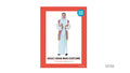 Long white tunic; Bright multicolour striped vest; White headpiece with a dark band; Red patterned product packaging;