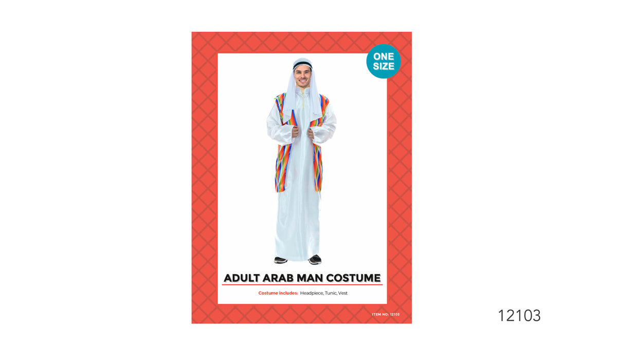 Long white tunic; Bright multicolour striped vest; White headpiece with a dark band; Red patterned product packaging;