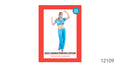 Bright blue short-sleeved top with puff sleeves; Matching loose-fitting blue trousers; Gold-coloured trim at the waist; Sheer blue veil covering the face;