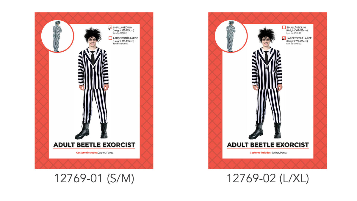 Black-and-white striped jacket and trousers; Red patterned packaging border; Model shown wearing the striped outfit;