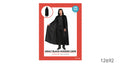 Long black cape shown worn to around ankle length; Attached hood; Tie fastening at the neckline; Black fabric with a slight sheen; Packaging states one size for approximate heights 165–185 cm;