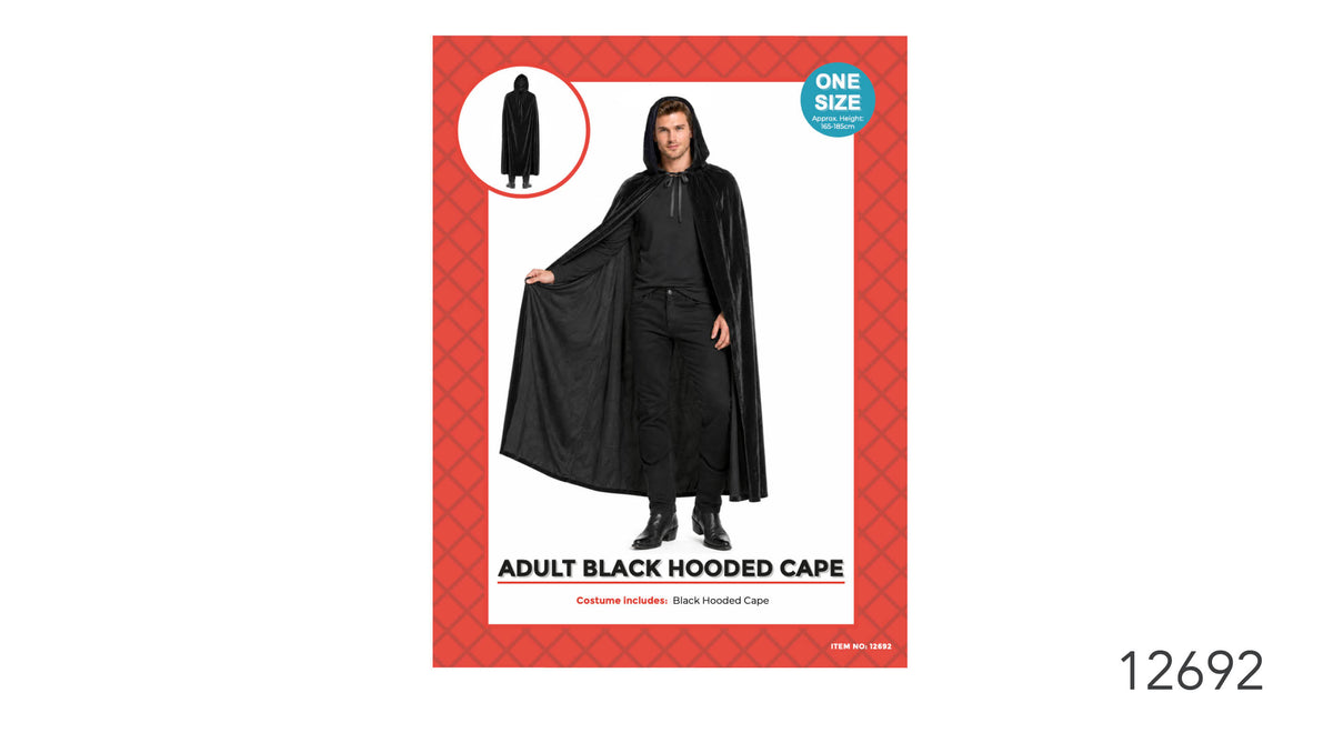 Long black cape shown worn to around ankle length; Attached hood; Tie fastening at the neckline; Black fabric with a slight sheen; Packaging states one size for approximate heights 165–185 cm;
