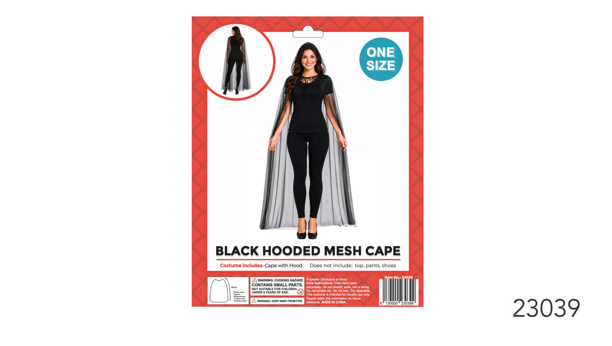 Black sheer mesh cape with a full-length drape; Hood attached to the cape; Packaging indicates one size; Red and white product packaging;