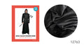 Black floor-length robe; Attached hood; Matching black belt; Smooth, slightly lustrous fabric appearance;
