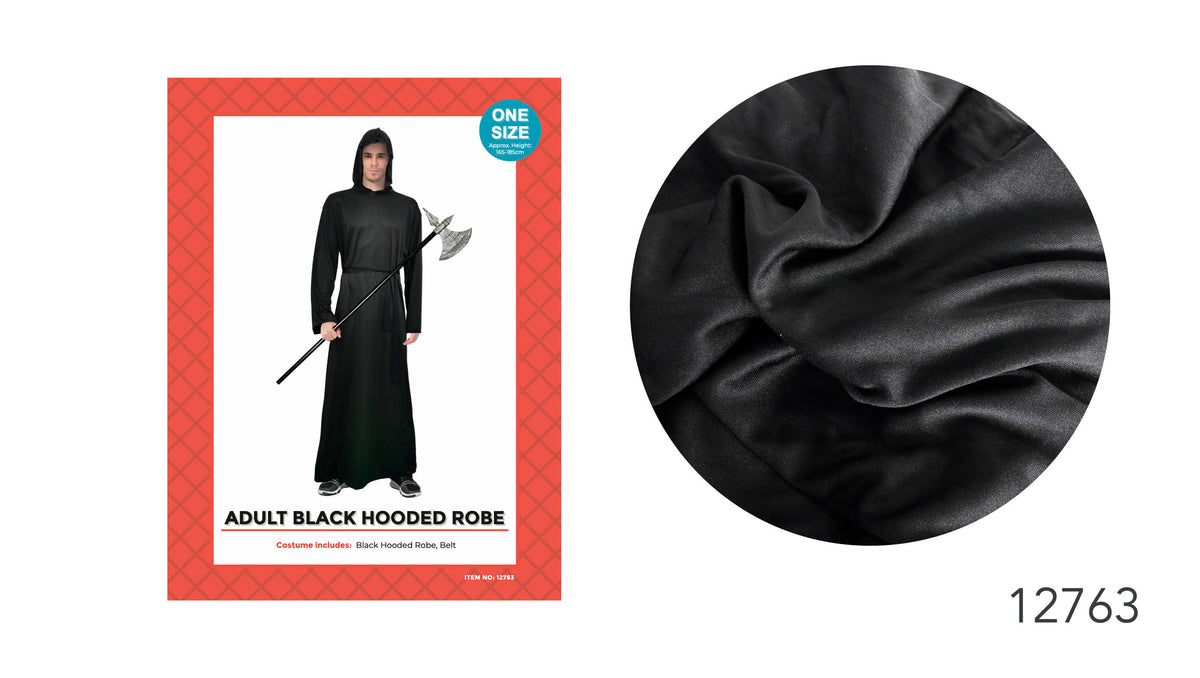 Black floor-length robe; Attached hood; Matching black belt; Smooth, slightly lustrous fabric appearance;