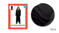 Long black robe; Attached hood; Shiny black fabric appearance; Red and white product packaging;