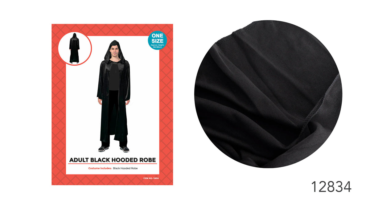 Long black robe; Attached hood; Shiny black fabric appearance; Red and white product packaging;