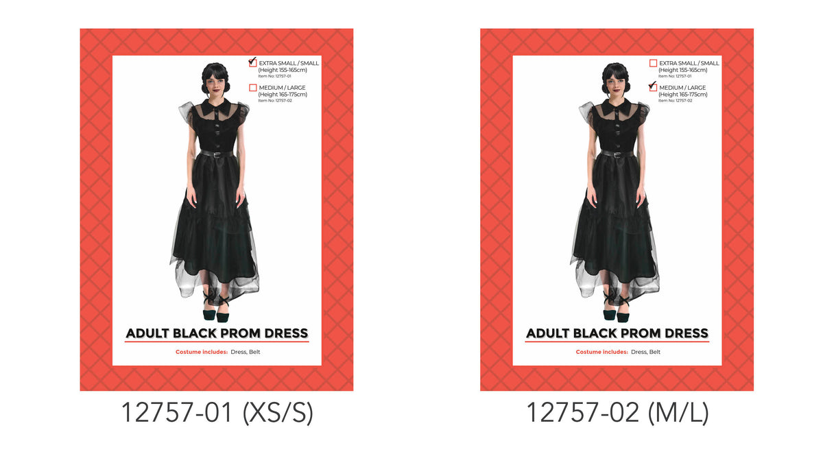 Black long dress with a layered, flowing skirt; Sheer-look puff sleeves; Collared neckline with buttons down the front; Black belt with a silver-tone buckle;