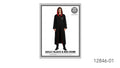 Long black robe with red trim; Hood with red lining; Small decorative patch on the chest; Packaging shows the robe styled with round glasses;