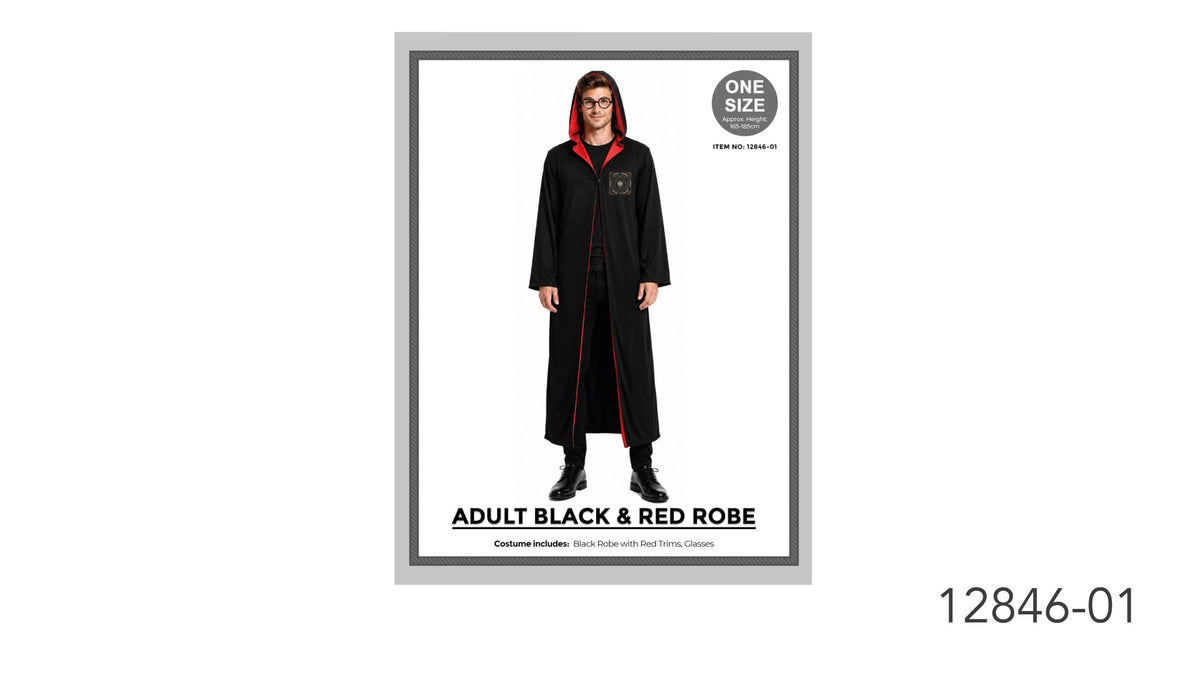 Long black robe with red trim; Hood with red lining; Small decorative patch on the chest; Packaging shows the robe styled with round glasses;