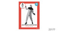 Black and white jumpsuit with striped and polka-dot sections; Black ruffled collar; White mask with black star-shaped eyes and a black nose; Red costume packaging;