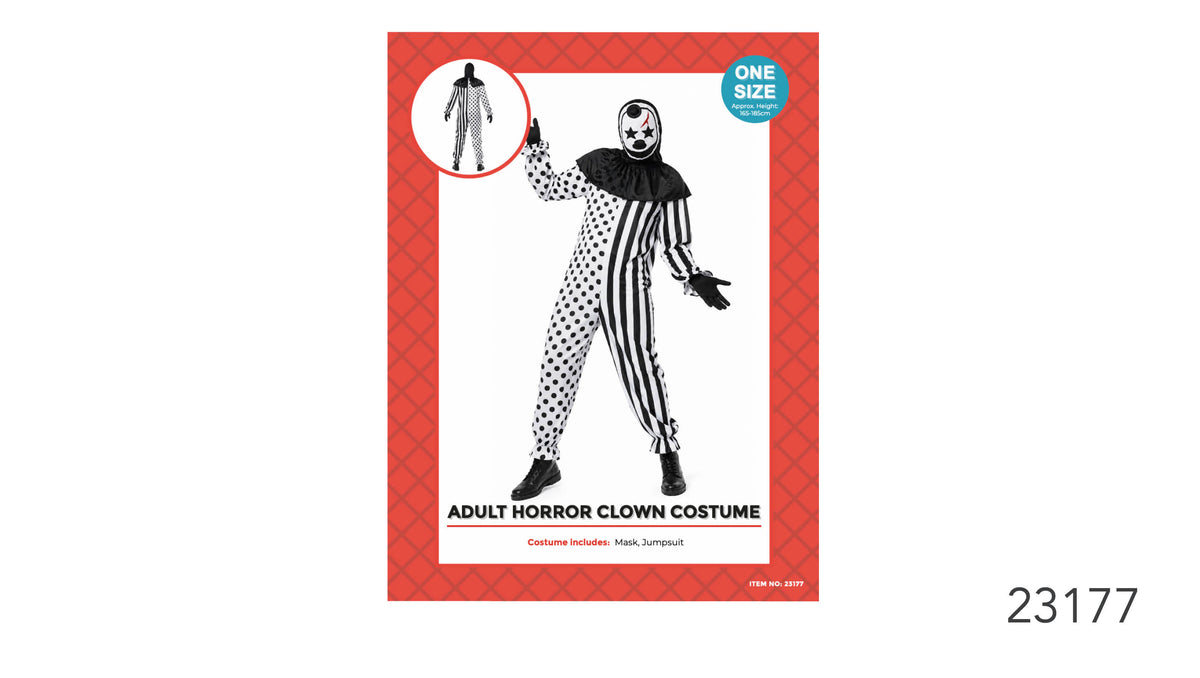 Black and white jumpsuit with striped and polka-dot sections; Black ruffled collar; White mask with black star-shaped eyes and a black nose; Red costume packaging;