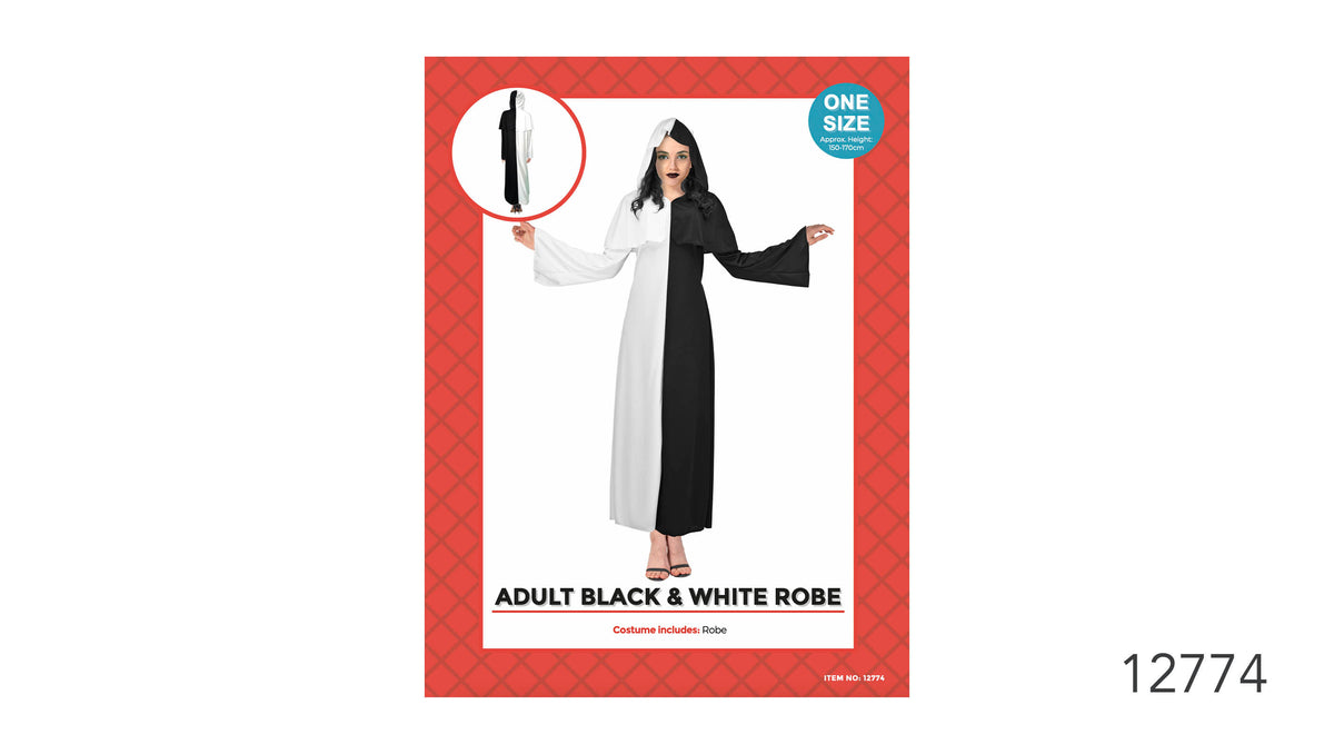 Long robe split into black and white halves; Attached two-tone hood; Wide, flowing sleeves; Displayed on red-bordered packaging marked one size;