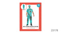 Teal top and pants with dark red splatter print; Matching teal hat and face mask; Dark red medical cross on the top; Packaging states one size and approx. height 165–185 cm;
