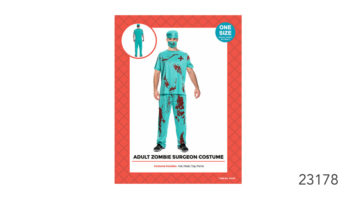 Teal top and pants with dark red splatter print; Matching teal hat and face mask; Dark red medical cross on the top; Packaging states one size and approx. height 165–185 cm;