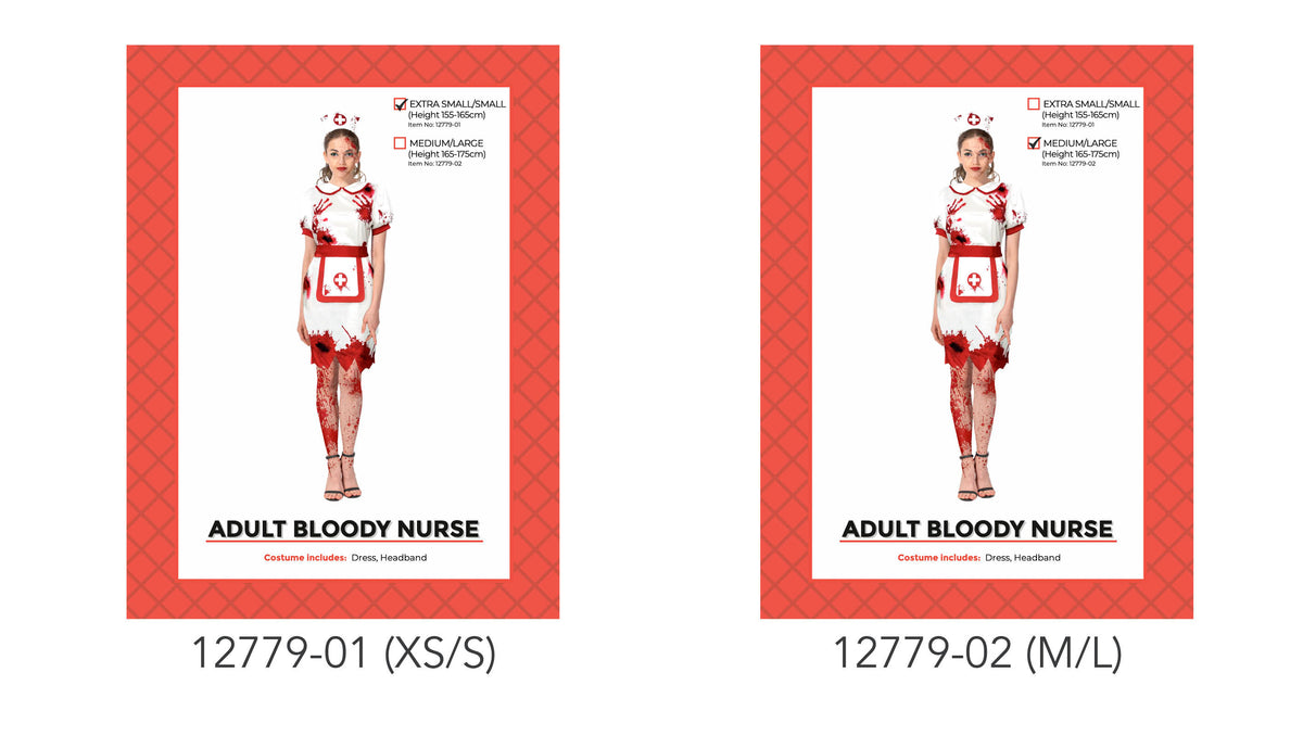 White short-sleeved dress with red splatter print; Red trim at the collar, sleeves, waist and apron; Headband with a red cross emblem; Packaging shows XS/S and M/L size options;
