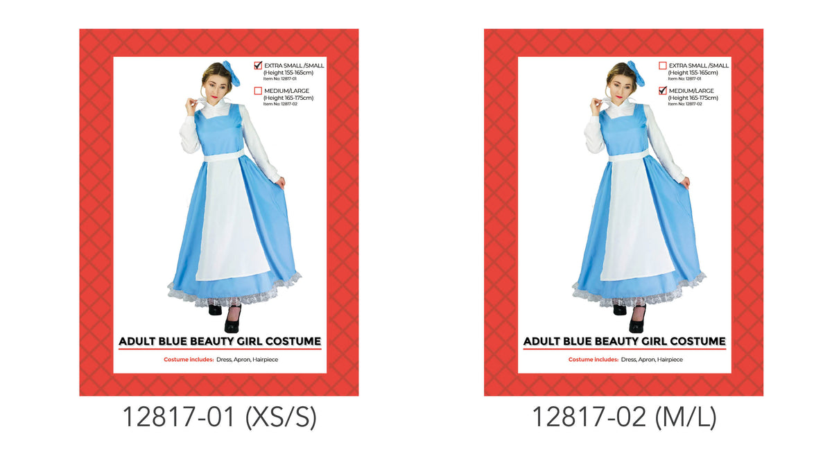 Blue long-sleeved dress with a full-length skirt; White apron and white collar detail; Grey lace-look trim along the hem; Blue hairpiece shown with the costume;