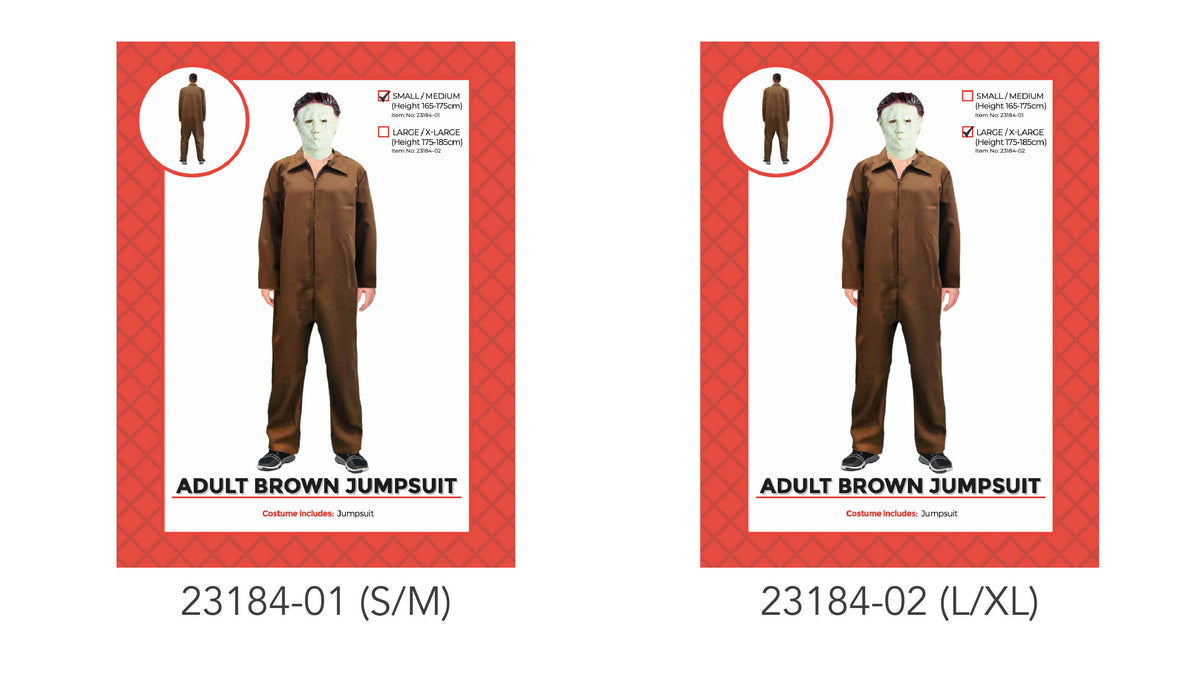 Brown, full-length one-piece jumpsuit; Long sleeves and collared neckline; Front fastening visible; Costume packaging shows the jumpsuit worn from the front and back;