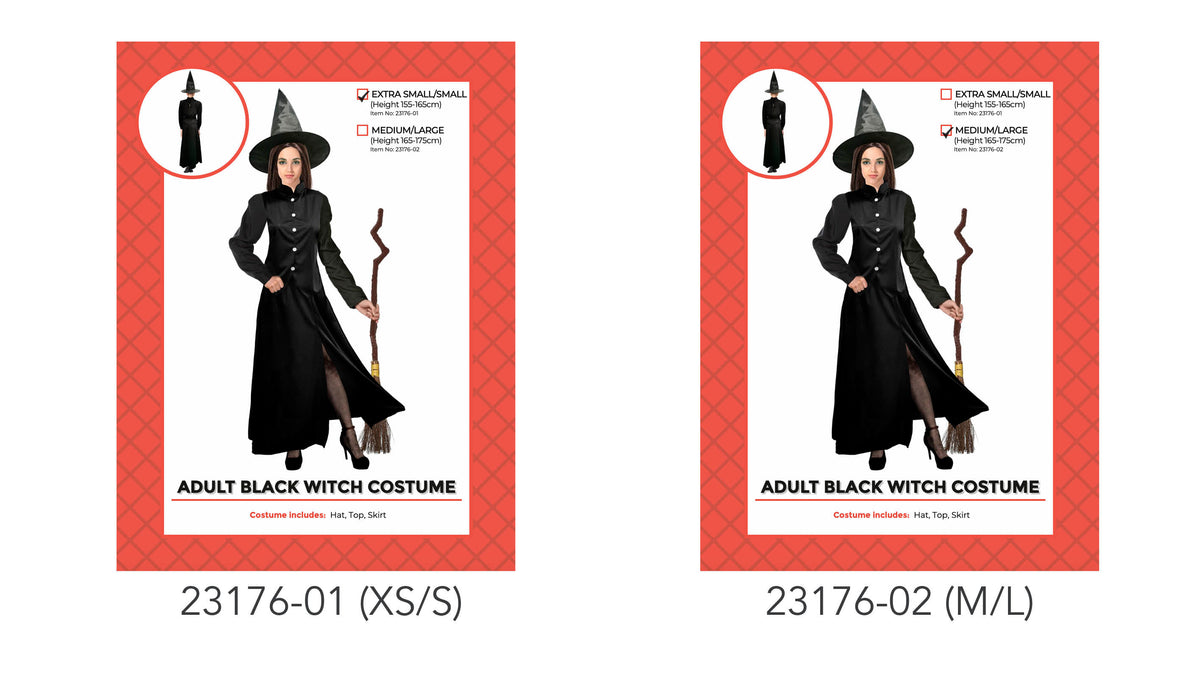 Black pointed witch hat; Long black skirt; Black long-sleeved button-front top; Red and white costume packaging;