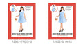 Blue and white checked dress; Short white puff sleeves; Full, flared skirt; Blue hair ribbons shown in the model's hair; Red and white product packaging;