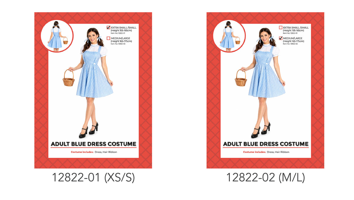 Blue and white checked dress; Short white puff sleeves; Full, flared skirt; Blue hair ribbons shown in the model's hair; Red and white product packaging;
