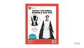 White apron with ruffled shoulder trim; White hat with a gathered appearance; Apron shown with long waist ties; Red and white product packaging;