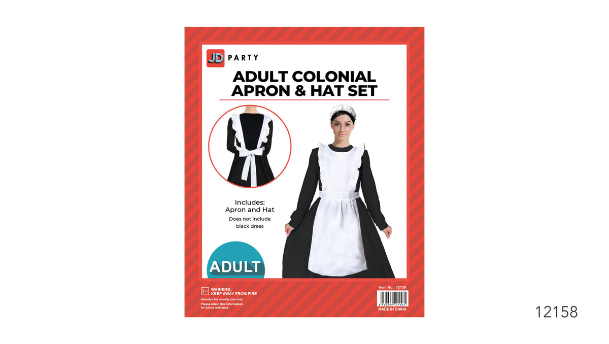 White apron with ruffled shoulder trim; White hat with a gathered appearance; Apron shown with long waist ties; Red and white product packaging;