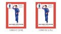 Full-length blue jumpsuit with an overall-style bib front; Bright horizontal stripes on the long sleeves and upper body; Red neckline and sleeve cuffs;