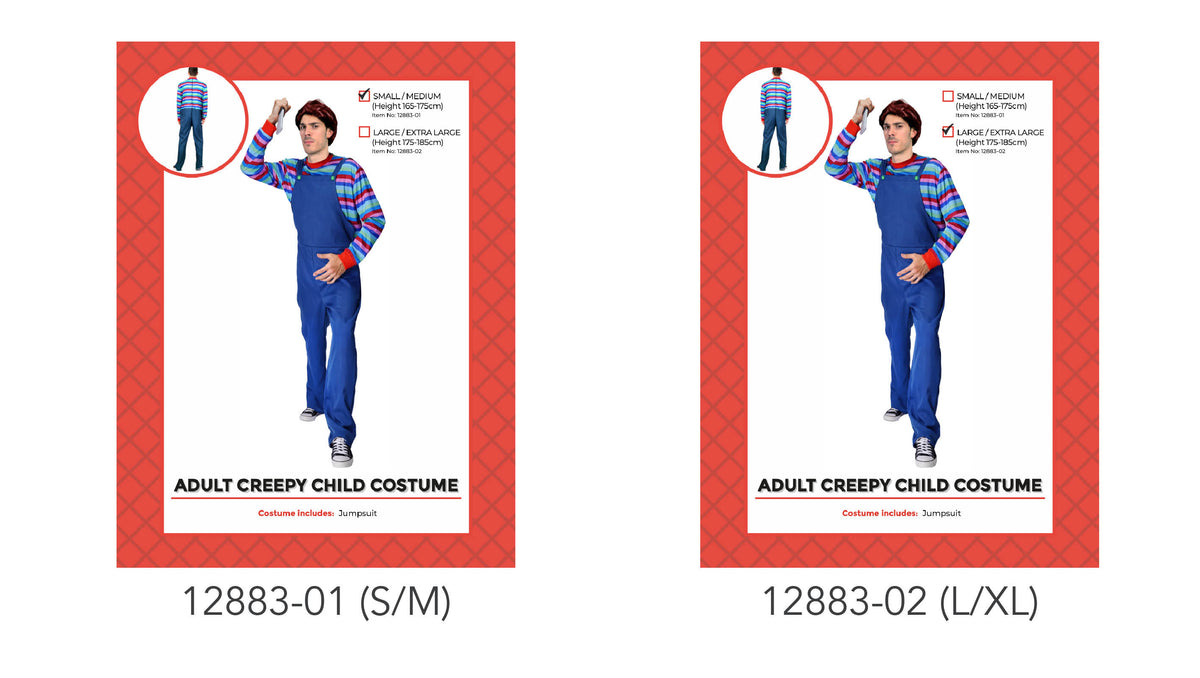 Full-length blue jumpsuit with an overall-style bib front; Bright horizontal stripes on the long sleeves and upper body; Red neckline and sleeve cuffs;
