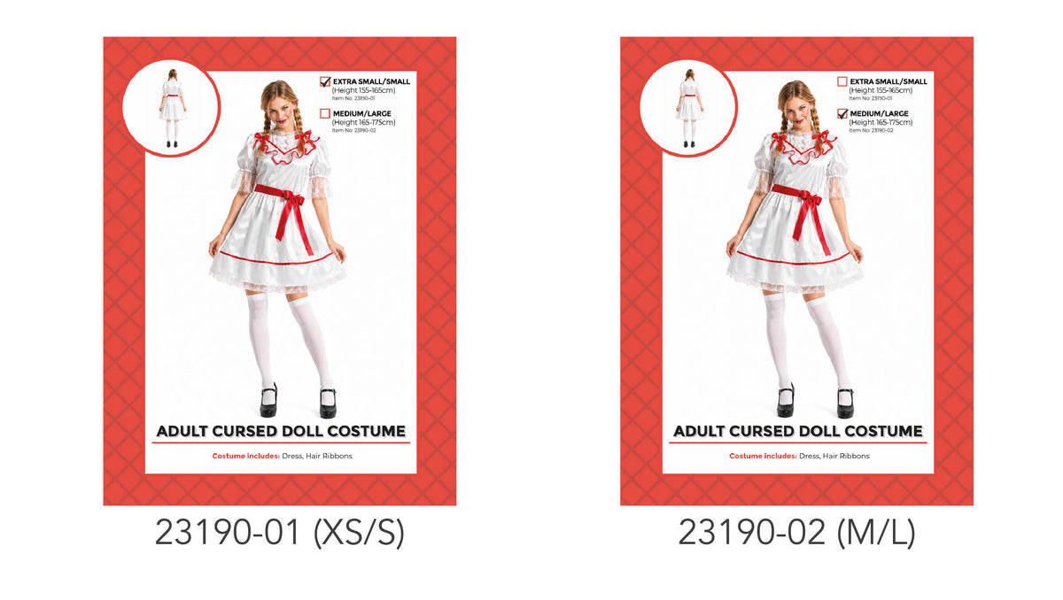 White knee-length dress with a flared skirt; Red ribbon bows at the shoulders and a red waist sash; Puff sleeves with lace-look trim; Red patterned packaging background;