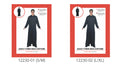 Long black coat with full-length hem; Long sleeves and a button-front appearance; Light-coloured glasses; Red patterned product packaging;