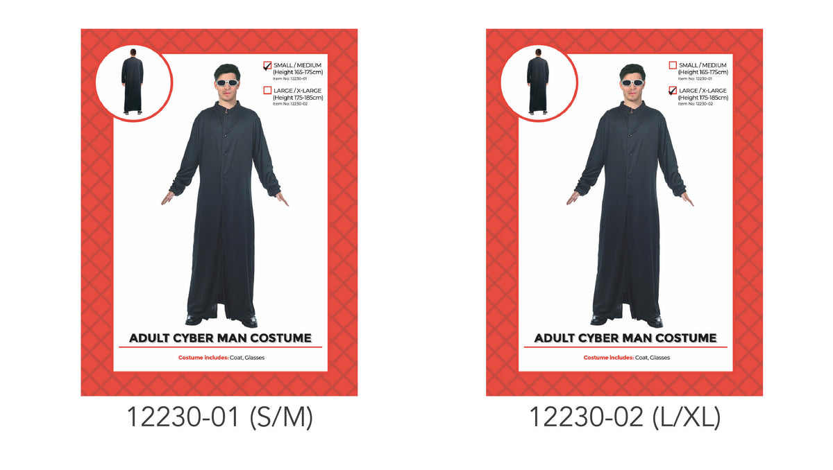 Long black coat with full-length hem; Long sleeves and a button-front appearance; Light-coloured glasses; Red patterned product packaging;