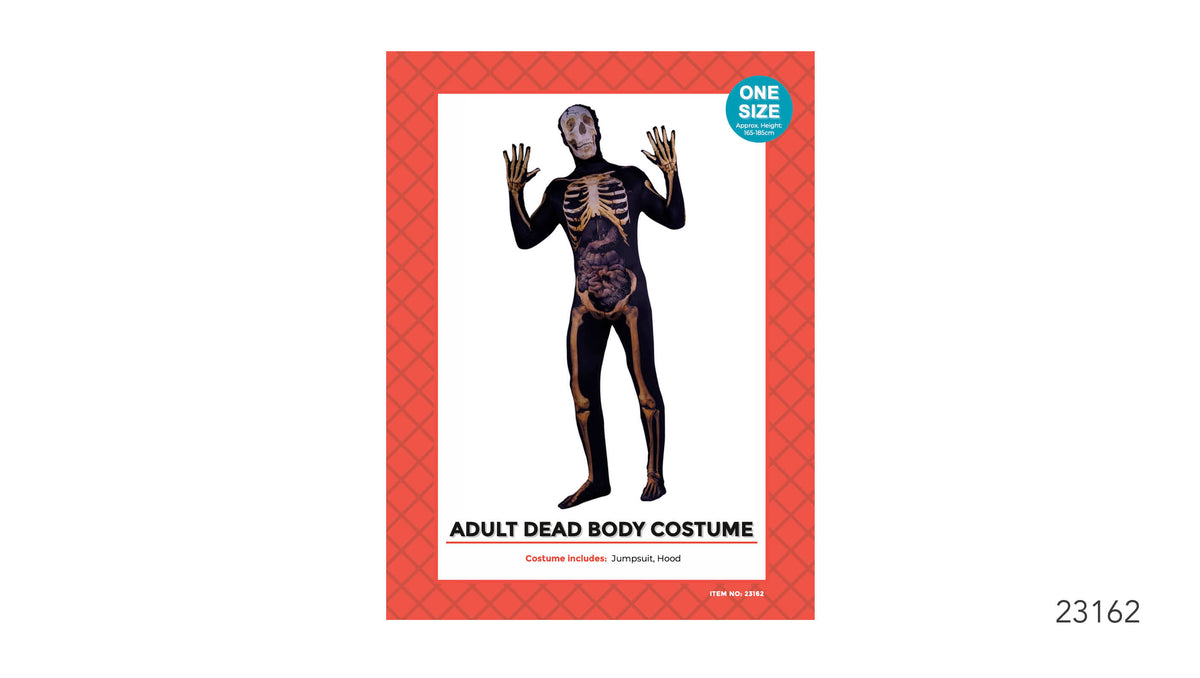 Black full-body jumpsuit with a printed skeleton and anatomy design; Matching skull-print hood; Packaging states one size for approx. 165–185 cm height;
